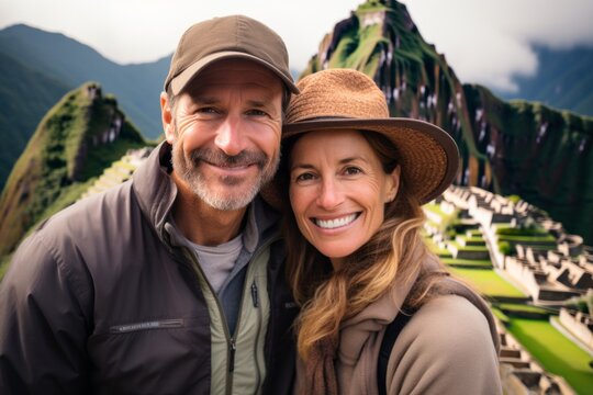 Couple in their 40s smiling at the Machu Picchu in Cusco Peru