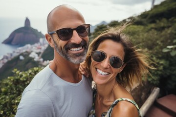 Couple in their 40s near the Christ the Redeemer in Rio de Janeiro Brazil