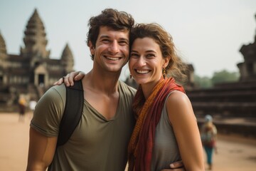 Couple in their 30s smiling at the Angkor Wat in Siem Reap Cambodia