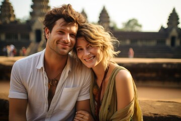 Fototapeta premium Couple in their 30s smiling at the Angkor Wat in Siem Reap Cambodia