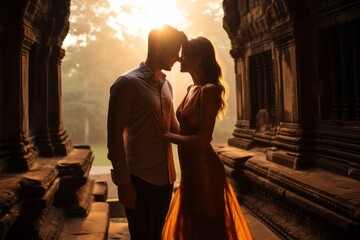 Fototapeta premium Couple in their 30s at the Angkor Wat in Siem Reap Cambodia