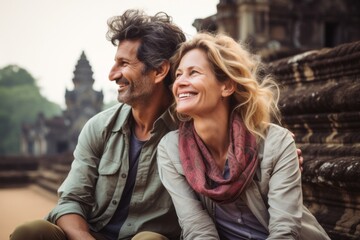 Fototapeta premium Couple in their 40s smiling at the Angkor Wat in Siem Reap Cambodia