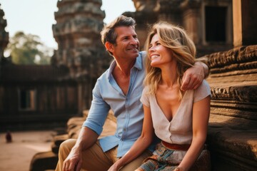 Fototapeta premium Couple in their 40s smiling at the Angkor Wat in Siem Reap Cambodia