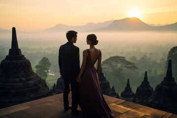 Couple in their 30s at the Borobudur in Magelang Indonesia - obrazy, fototapety, plakaty