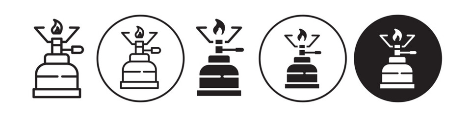 Camping gas icon. Cooking hot gas stove symbol. Vector set of butane burner for outdoor hiking adventure. Flat outline of metal household portable equipment 