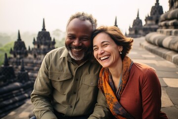 Couple in their 40s smiling at the Borobudur in Magelang Indonesia - obrazy, fototapety, plakaty