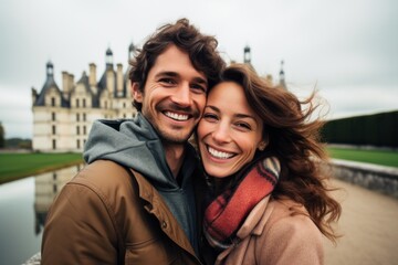 Couple in their 40s smiling at the Château de Chambord in Loir-et-Cher France