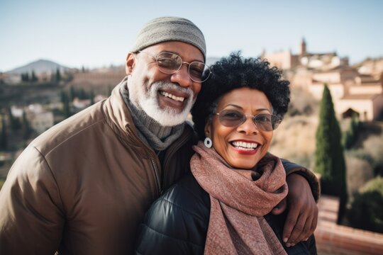 Couple in their 40s smiling at the Alhambra in Granada Spain