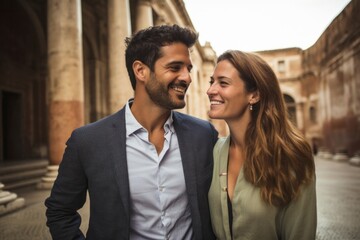 Couple in their 30s smiling at the Sistine Chapel in Vatican City
