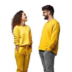 Fototapeta premium A couple in casual yellow clothes smiling and talking to each other with hand gestures isolated on a plain transparent background