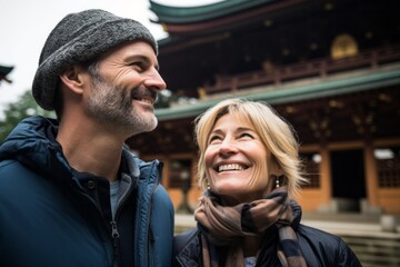 Couple in their 40s smiling at the Kyoto Temples in Kyoto Japan