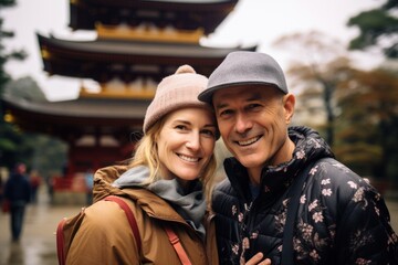 Fototapeta premium Couple in their 40s smiling at the Kyoto Temples in Kyoto Japan