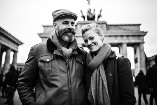 Couple in their 40s in front of the Brandenburg Gate in Berlin Germany