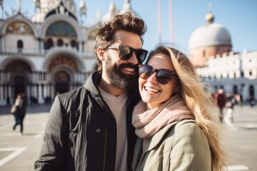 Couple in their 30s smiling at the Piazza San Marco in Venice Italy