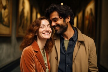 Couple in their 30s smiling at the Uffizi Gallery in Florence Italy