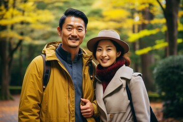Couple in their 30s at the Nara Park in Nara Japan - obrazy, fototapety, plakaty