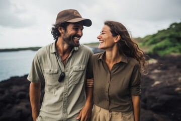 Couple in their 30s smiling at the Galápagos Islands Ecuador