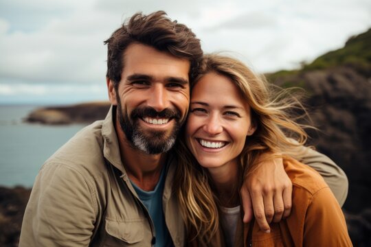 Couple in their 30s smiling at the Galápagos Islands Ecuador