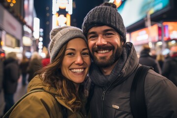 Couple in their 30s smiling at the Times Square in New York USA