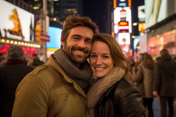 Fototapeta premium Couple in their 30s smiling at the Times Square in New York USA