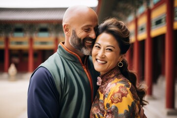 Couple in their 40s smiling at the Gyeongbokgung Palace in Seoul South Korea