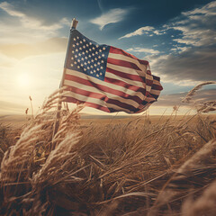 The American flag in a wheat field with warm tones from the sunset. A patriotic USA theme.  - obrazy, fototapety, plakaty
