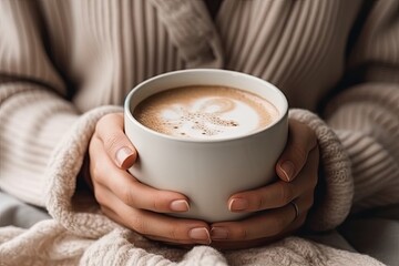 a woman's hands holding a cup of cappui latte, which is made from coffee beans
