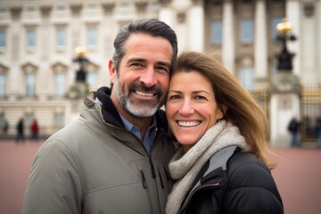 Couple in their 40s smiling at the Buckingham Palace in London England