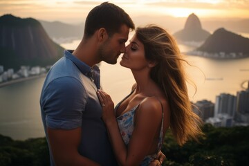 Couple in their 30s at the Christ the Redeemer in Rio de Janeiro Brazil in sunset