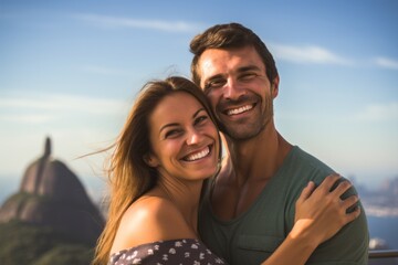 Couple in their 30s smiling at the Christ the Redeemer in Rio de Janeiro Brazil