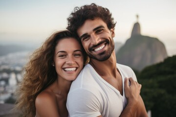 Fototapeta premium Couple in their 30s smiling at the Christ the Redeemer in Rio de Janeiro Brazil