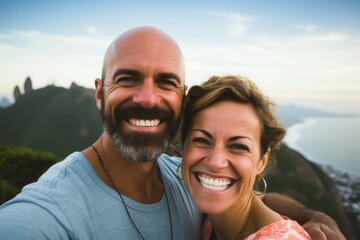 Couple in their 40s smiling at the Christ the Redeemer in Rio de Janeiro Brazil
