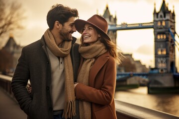 Naklejka premium Couple in their 30s smiling at the Tower Bridge in London England