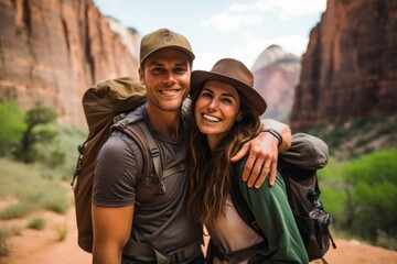 Couple in their 30s smiling at the Zion National Park in Utah USA