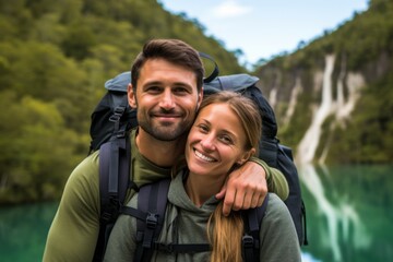 Couple in their 30s smiling at the Plitvice Lakes National Park Croatia