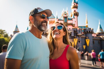 Couple in their 40s smiling at the Disneyland in California USA - obrazy, fototapety, plakaty