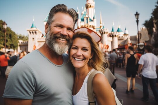 Couple in their 40s smiling at the Disneyland in California USA