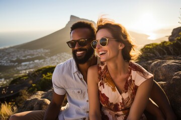 Fototapeta premium Couple in their 30s at the Table Mountain in Cape Town South Africa
