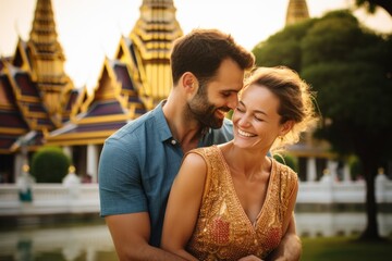 Couple in their 40s smiling at the Grand Palace in Bangkok Thailand