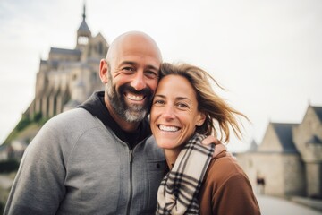 Couple in their 40s smiling at the Mont Saint-Michel in Normandy France