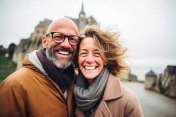 Couple in their 40s smiling at the Mont Saint-Michel in Normandy France