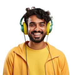 A jovial Indian student in his twenties wearing a yellow t shirt and headphones is happily listening to music He is seen against a pastel transparent background in a studio portrait represen - obrazy, fototapety, plakaty