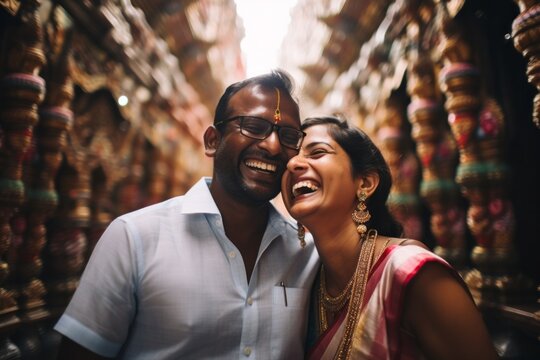 Couple in their 30s smiling at the Meenakshi Amman Temple in Madurai India