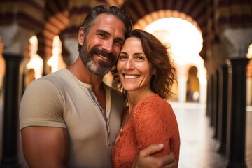 Couple in their 40s smiling at the Mezquita-Catedral de Córdoba in Córdoba Spain - obrazy, fototapety, plakaty