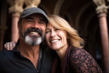 Couple in their 40s smiling at the Mezquita-Catedral de Córdoba in Córdoba Spain