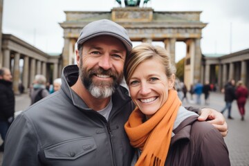 Couple in their 40s smiling at the Brandenburg Gate in Berlin Germany