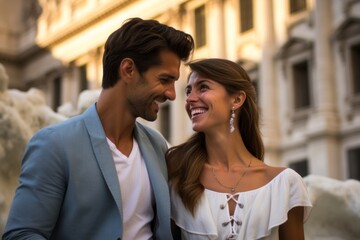 Couple in their 30s smiling at the Trevi Fountain in Rome Italy