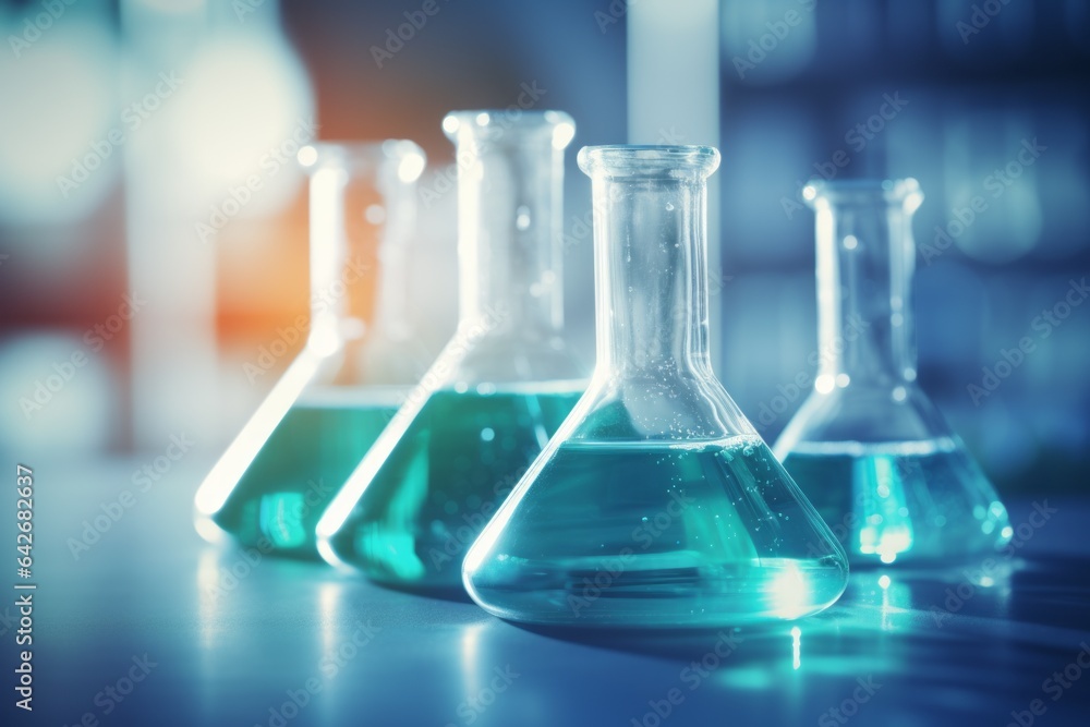 Aufkleber flasks in the laboratory. background with selective focus