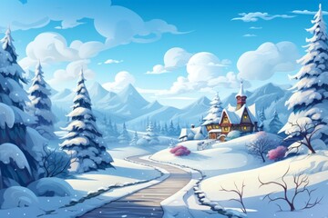 House in winter in the style of a holiday card. Merry christmas and happy new year concept. Background