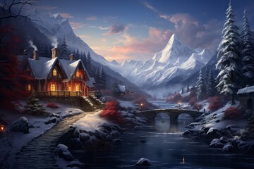 Winter in the village, holiday season postcard style illustration. Merry christmas and happy new year concept